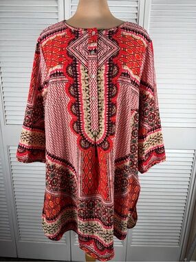 Fig and Flower Boho Tribal Print High Low Tunic Top 3/4 Sleeve XL